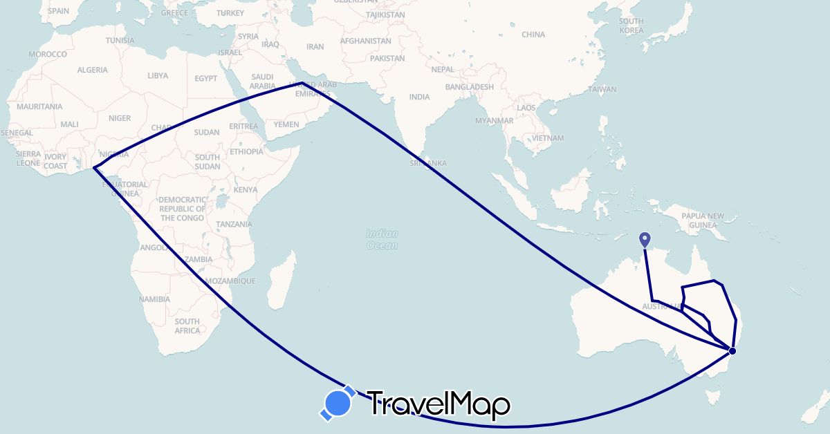 TravelMap itinerary: driving in Australia, Nigeria, Qatar (Africa, Asia, Oceania)